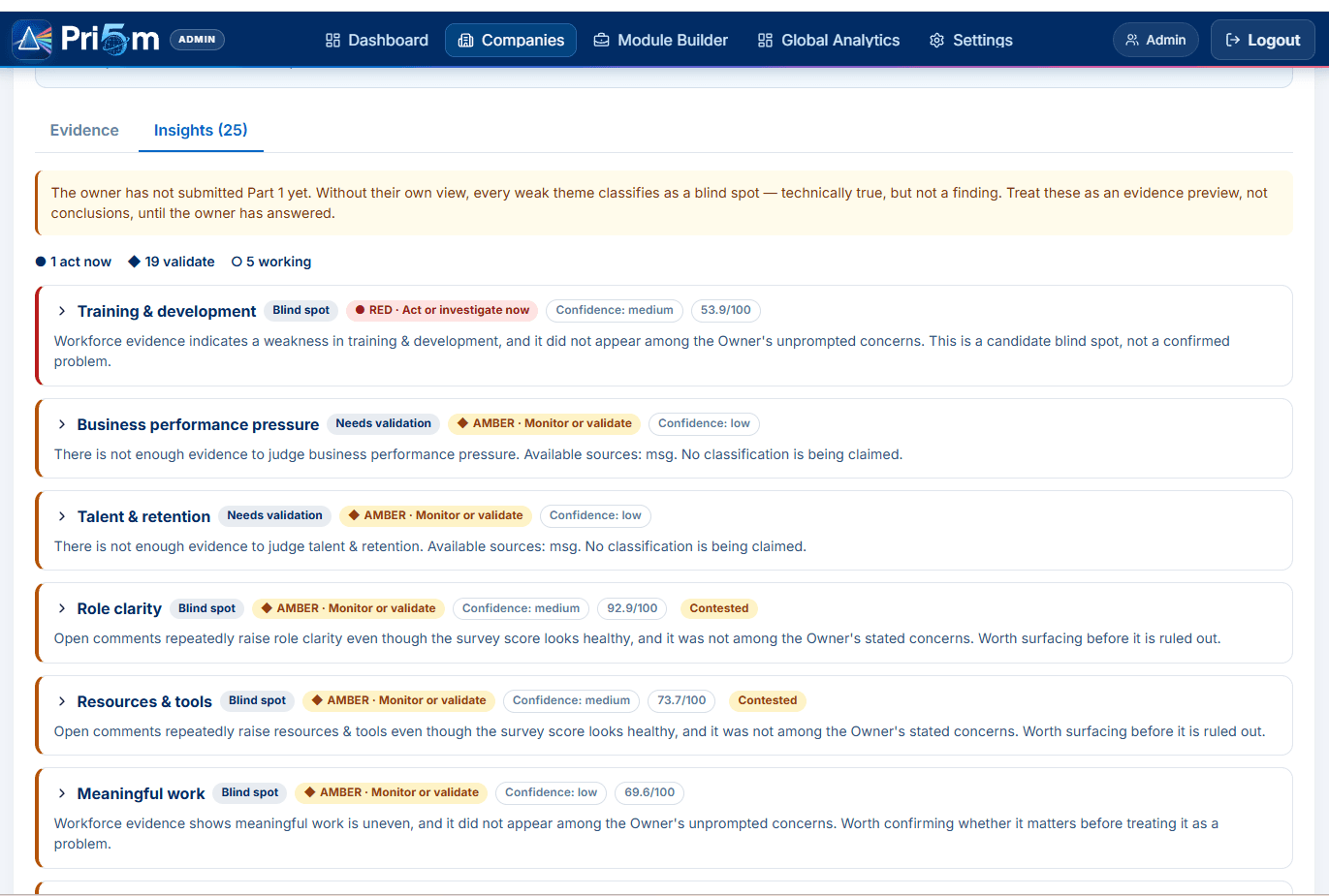 App5 Prism owner and workforce evidence insight screen